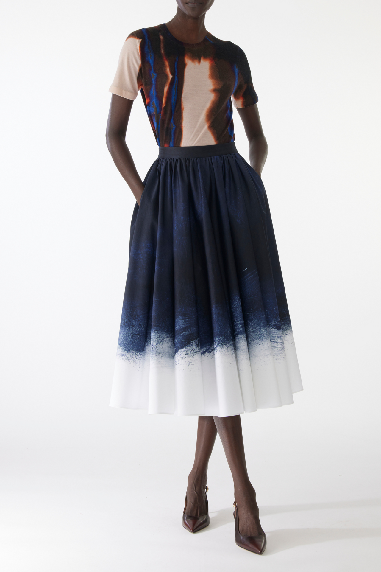 BRUSHED CANVAS PRINTED STRETCH COTTON CIRCLE SKIRT view 1