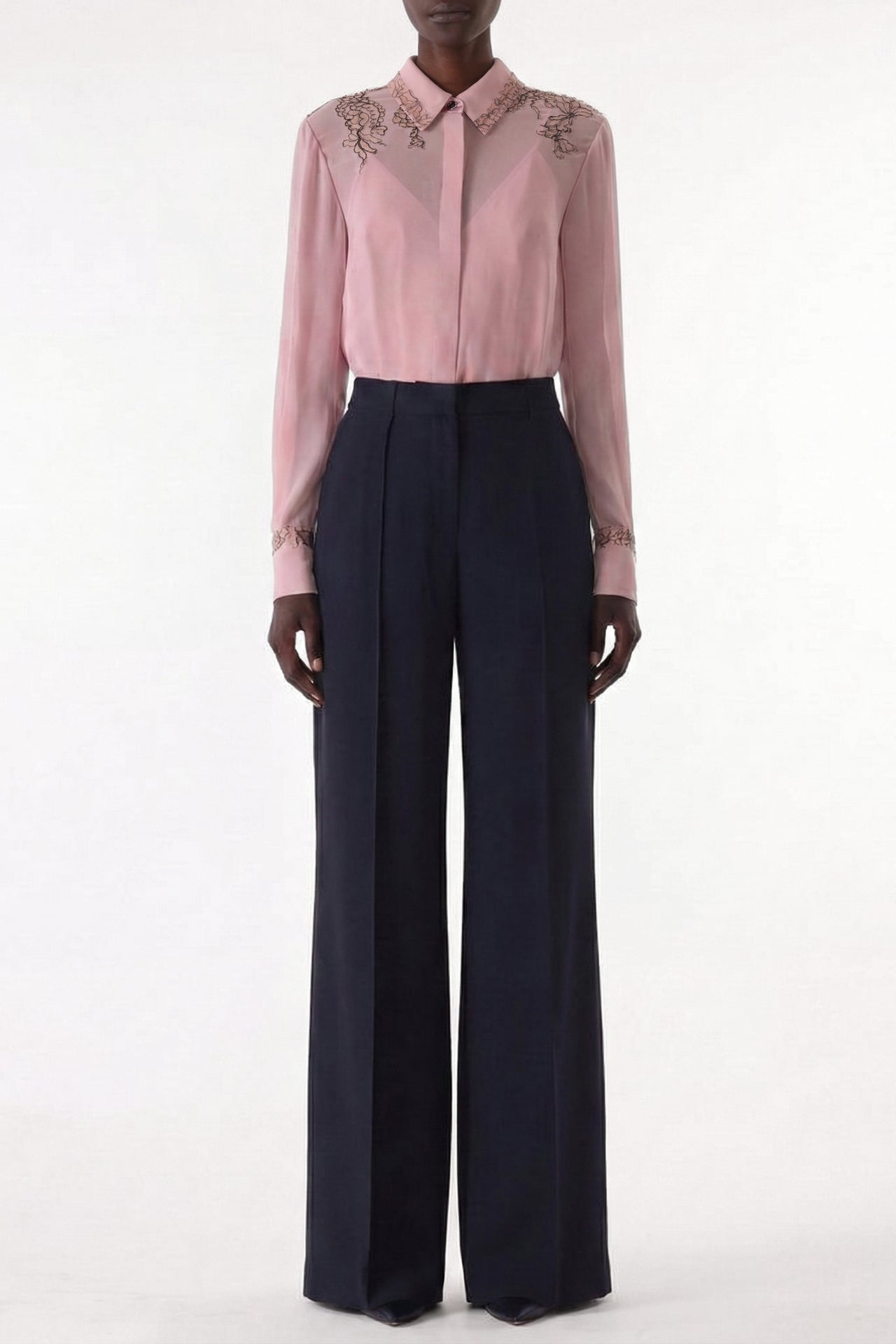 CREPE CHIFFON BUTTON-UP SHIRT WITH LACE view 2