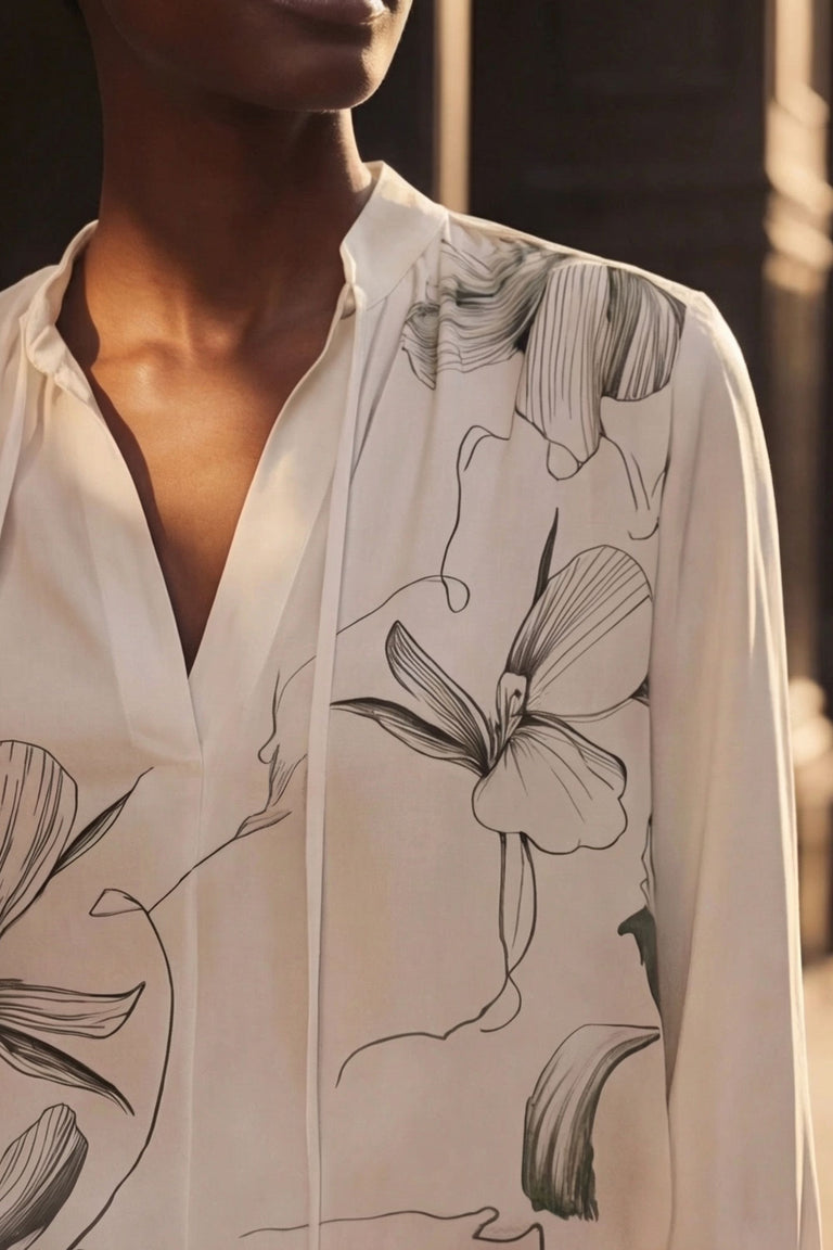SHADOW FLORAL SILK TWILL TIE NECK BLOUSE view 2