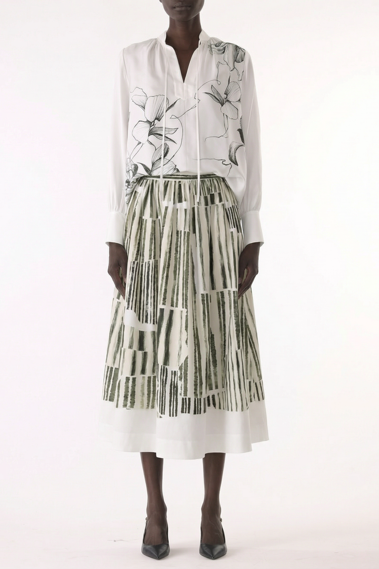 STRIPE COLLAGE STRETCH COTTON MIDI SKIRT view 1