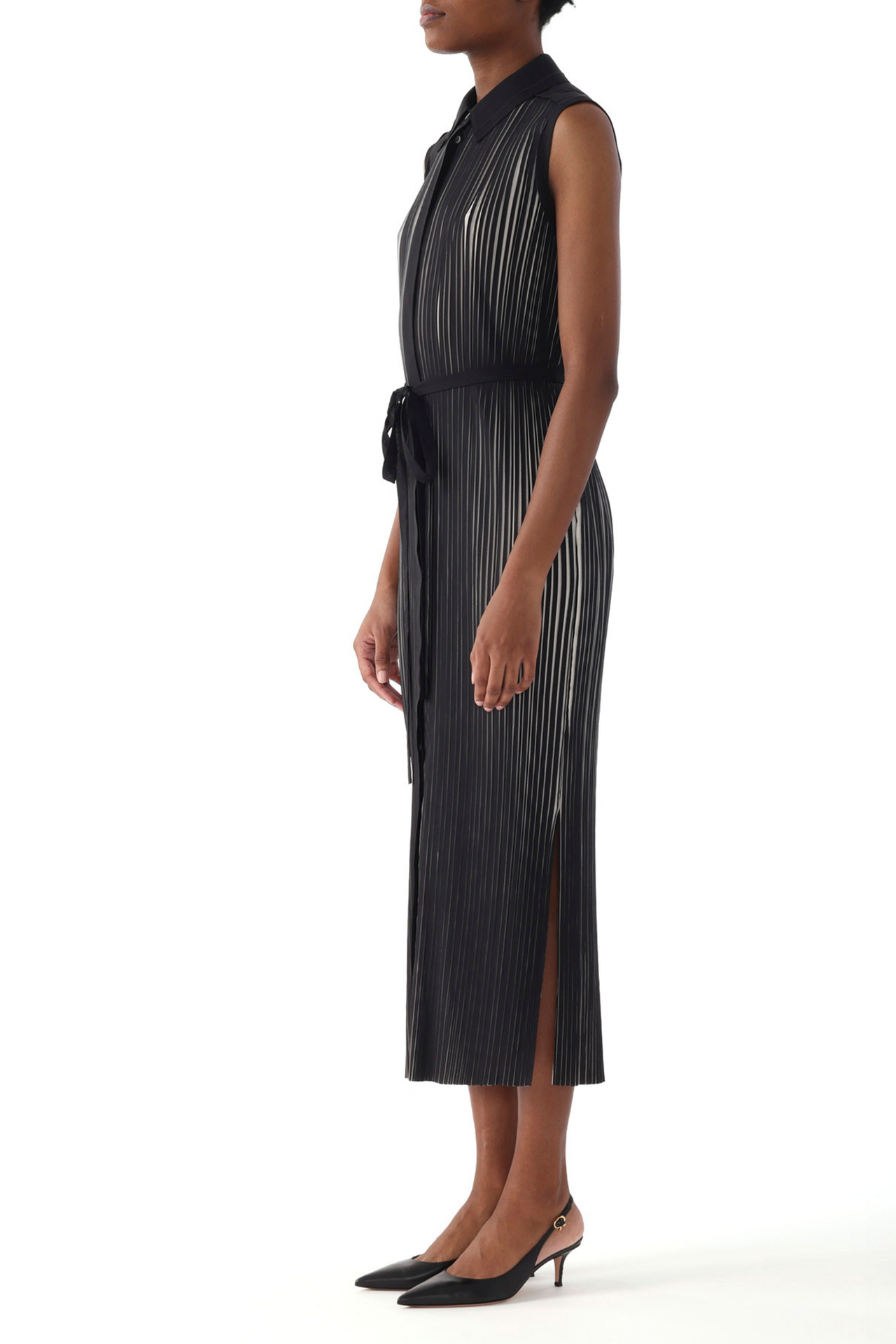 BICOLOR PRINTED PLEATED SLEEVELESS SHIRTDRESS view 2
