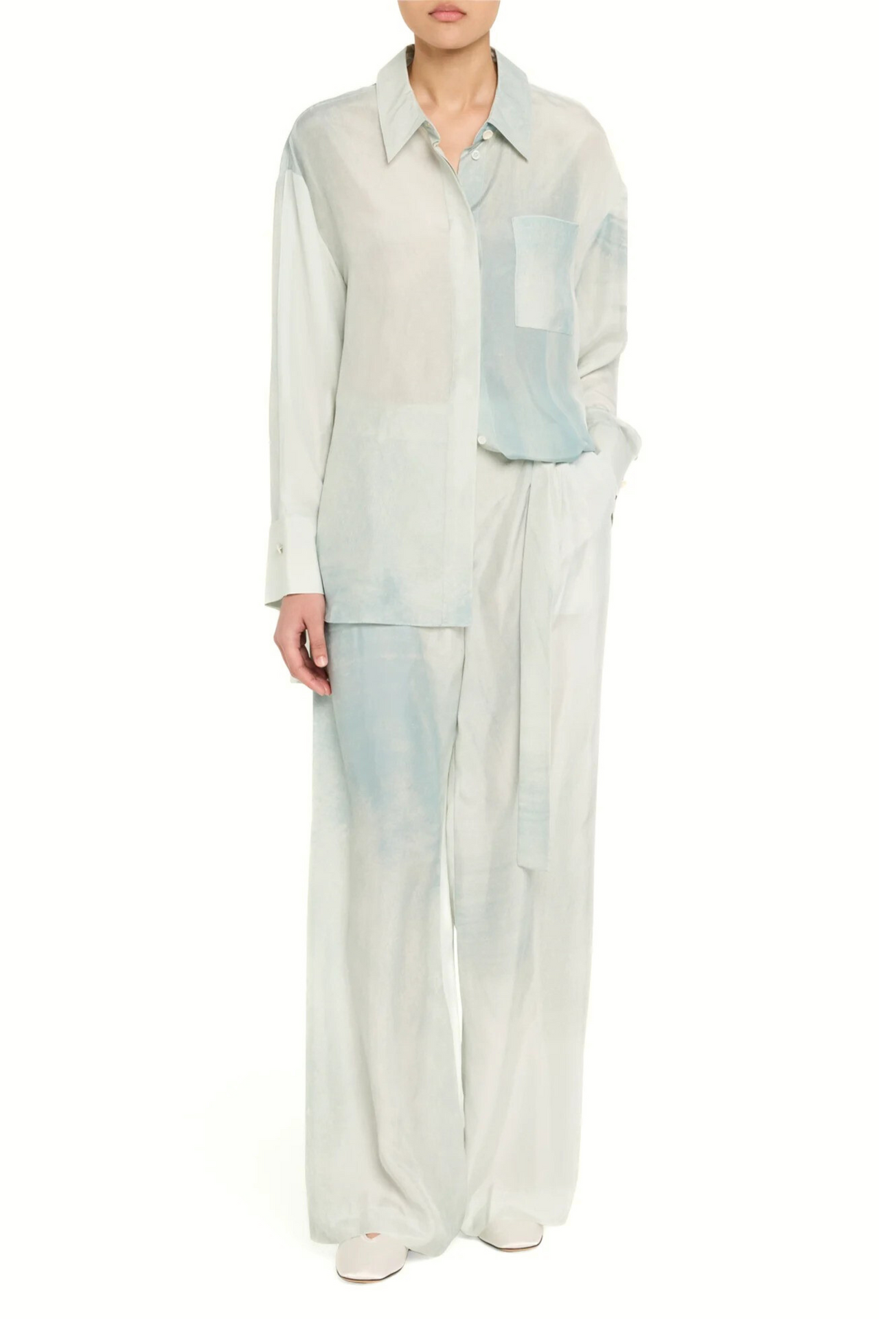 Ice Blue Silk Habotai Oversized Button-Up Shirt – Lightweight and effortlessly chic, perfect for layering or standalone wear.
view 2