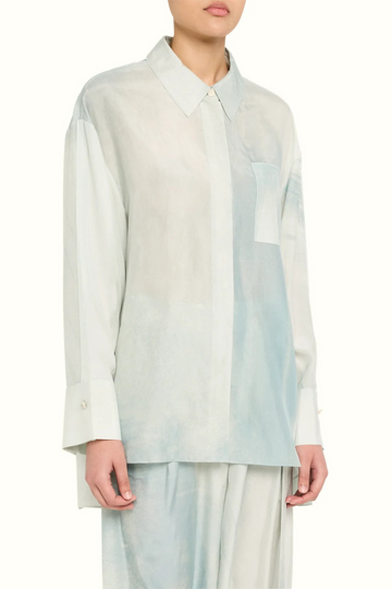 Ice Blue Silk Habotai Oversized Button-Up Shirt – Lightweight and effortlessly chic, perfect for layering or standalone wear.
 view 1