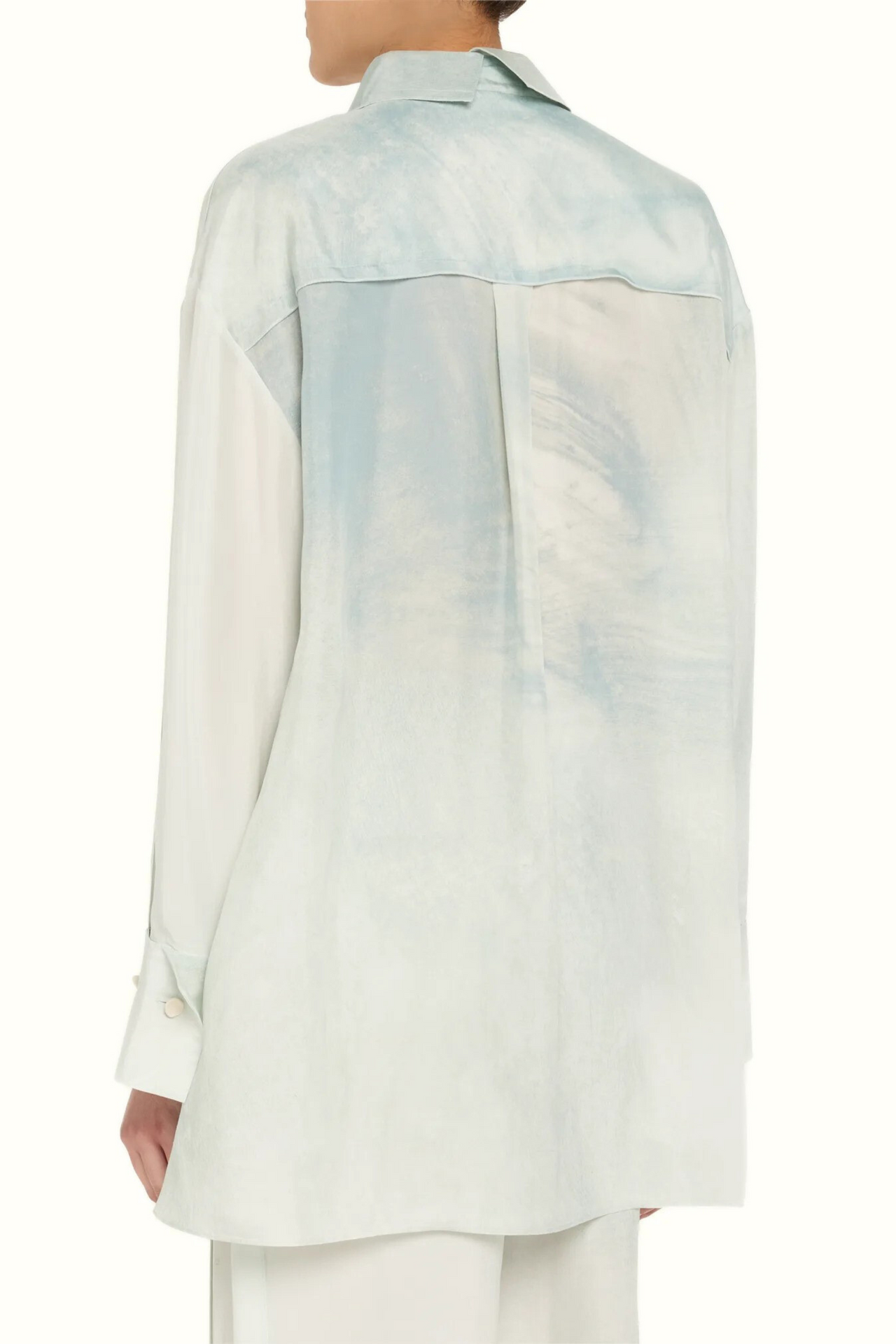Ice Blue Silk Habotai Oversized Button-Up Shirt – Lightweight and effortlessly chic, perfect for layering or standalone wear.
view 3