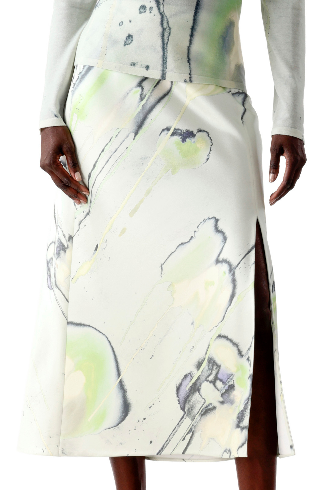 CREPE SATIN WATERCOLOR FLORAL BIAS SLIP PENCIL SKIRT view 4