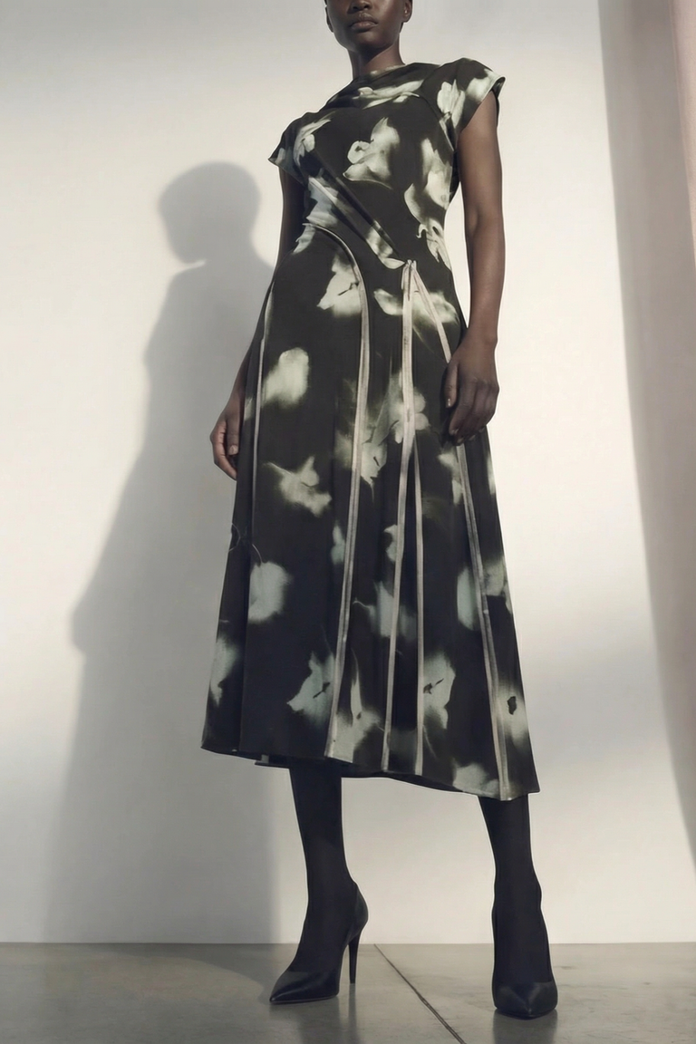 BLURRED FLORAL DRAPED JERSEY DRESS view 1
