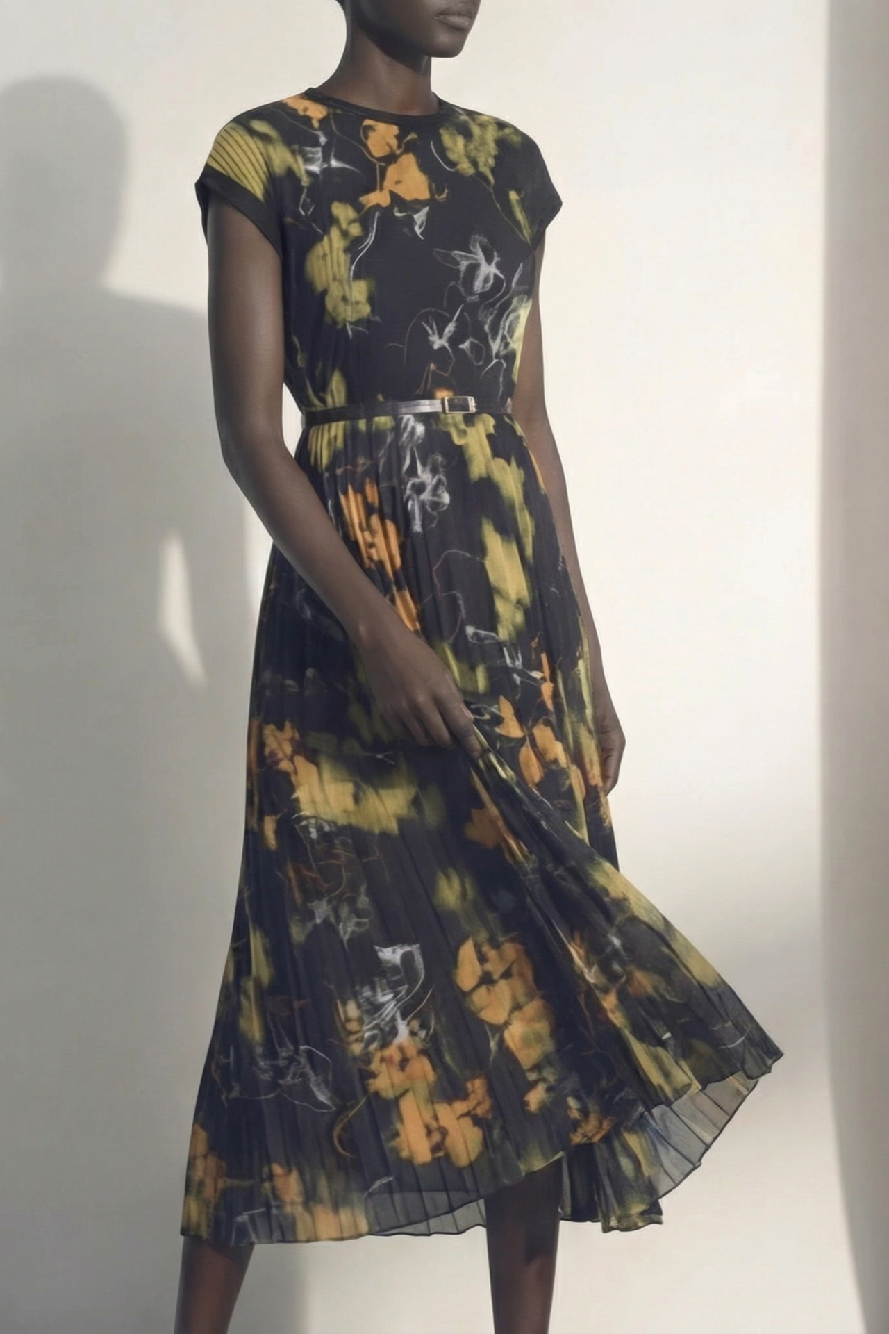 SHADOW FLORAL CREPE CHIFFON PLEATED MIDI DRESS view 1
