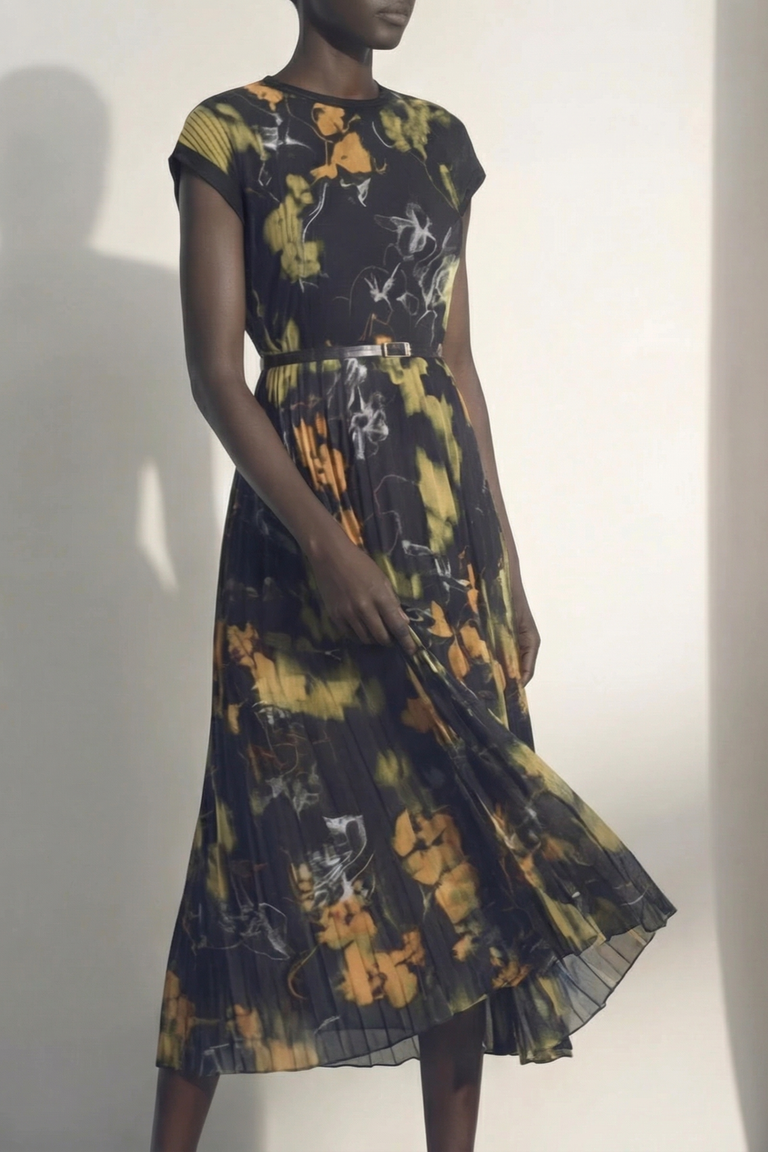 SHADOW FLORAL CREPE CHIFFON PLEATED MIDI DRESS view 1