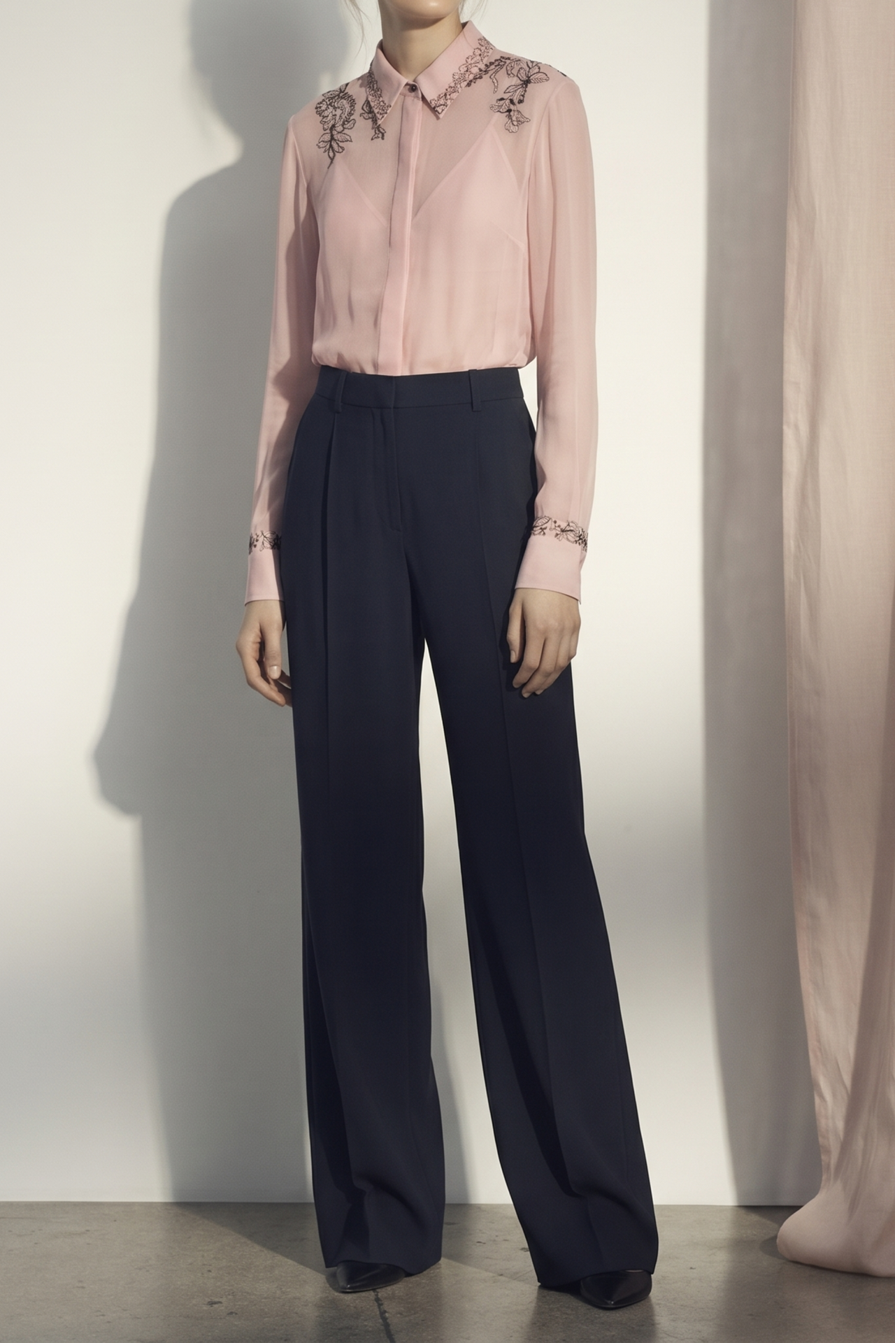 CREPE CHIFFON BUTTON-UP SHIRT WITH LACE view 1