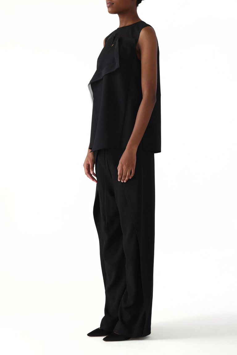 ASYMMETRICAL DRAPE SLUB SUITING TOP WITH COMBO GAUZE YOKE view 3