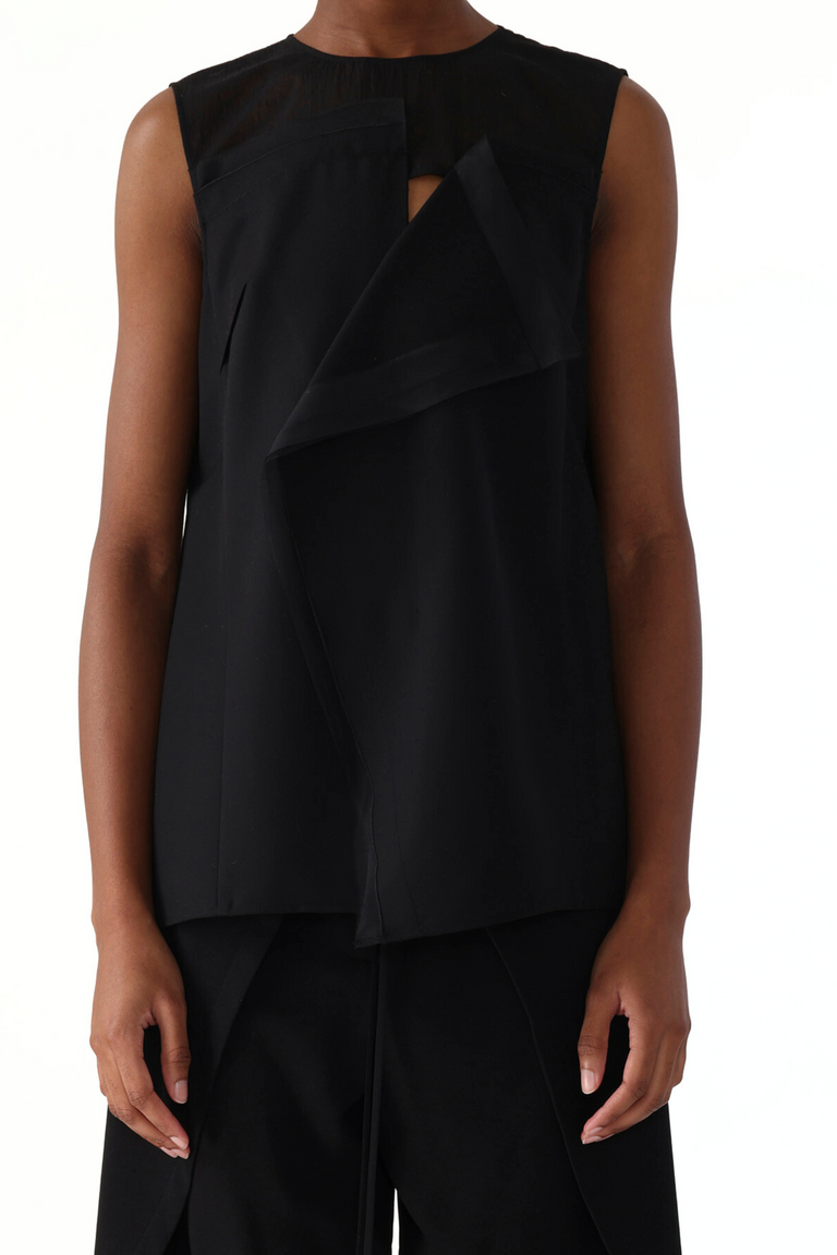 ASYMMETRICAL DRAPE SLUB SUITING TOP WITH COMBO GAUZE YOKE view 1
