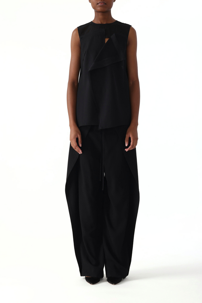 ASYMMETRICAL DRAPE SLUB SUITING TOP WITH COMBO GAUZE YOKE view 2