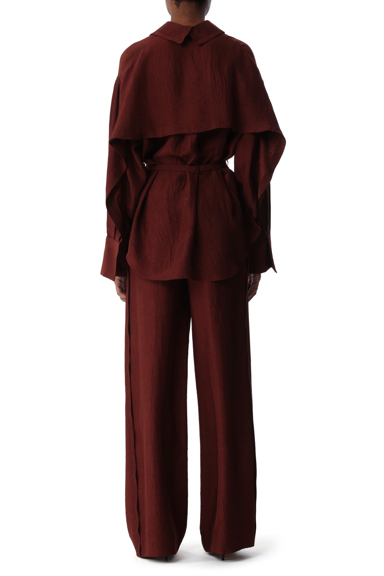 BELTED CRINKLED SATIN OVERSIZE BUTTON-UP view 3