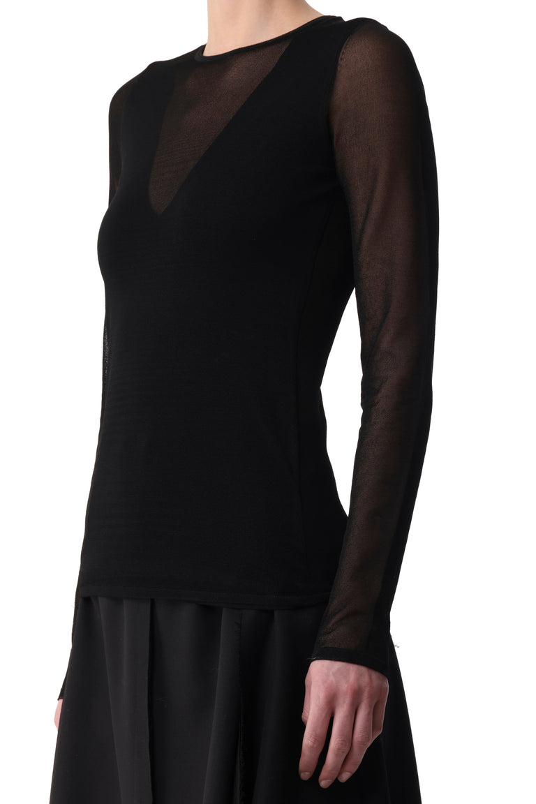 Black knit sheer vneck top view 1