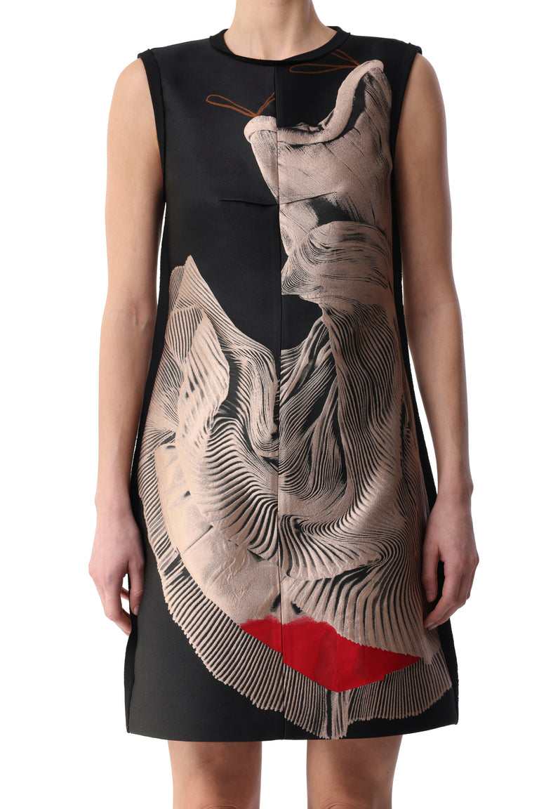 Black sleeveless dress with abstract beige and red design on a white background view 1