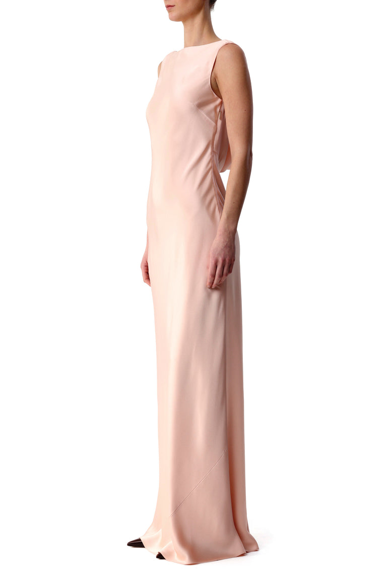 BOAT NECK CREPE BACK SATIN GOWN WITH LOW BACK view 2