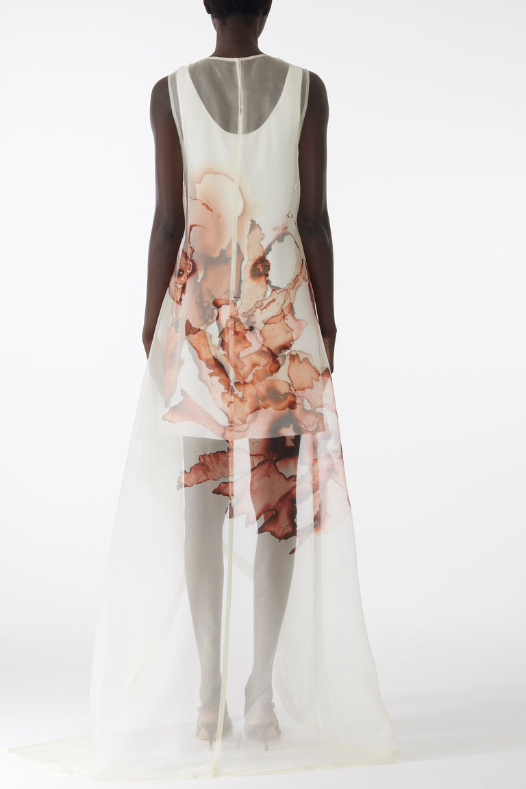 BURNT FLORAL ORGANZA GOWN WITH MINI DRESS LINING view 3