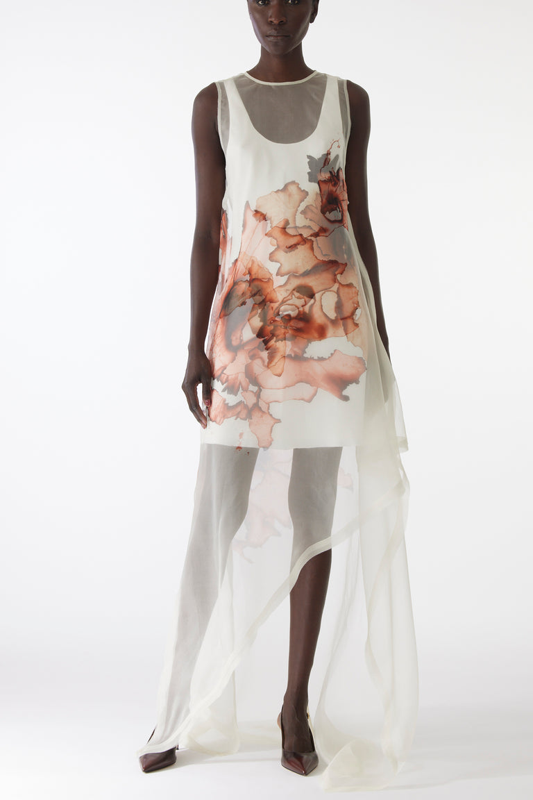 BURNT FLORAL ORGANZA GOWN WITH MINI DRESS LINING view 2