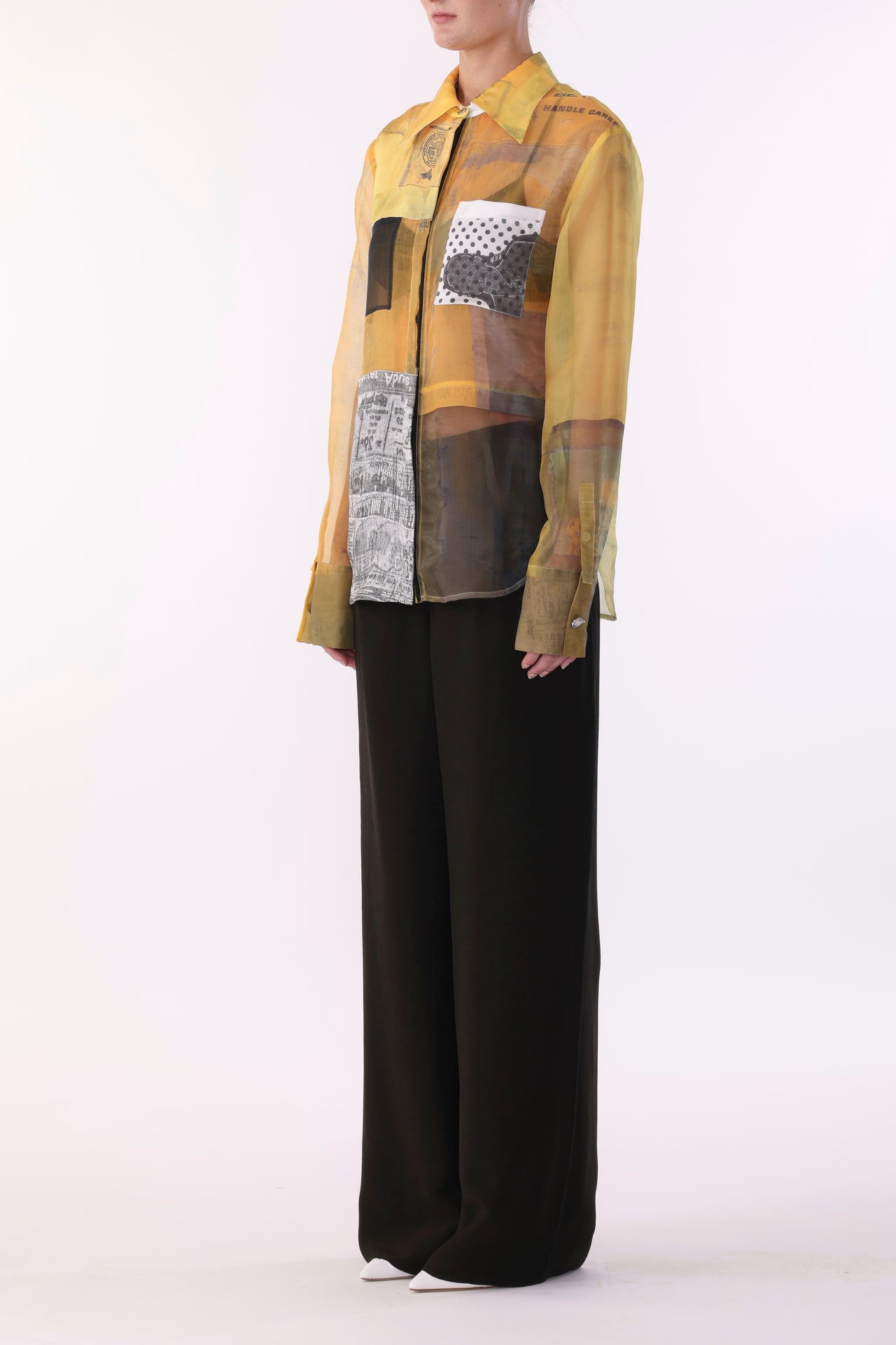 COLLAGE LONG SLEEVE ORGANZA SHIRT WITH SULPHUR BANK ARTWORK BY ROBERT RAUSCHENBERG view 4