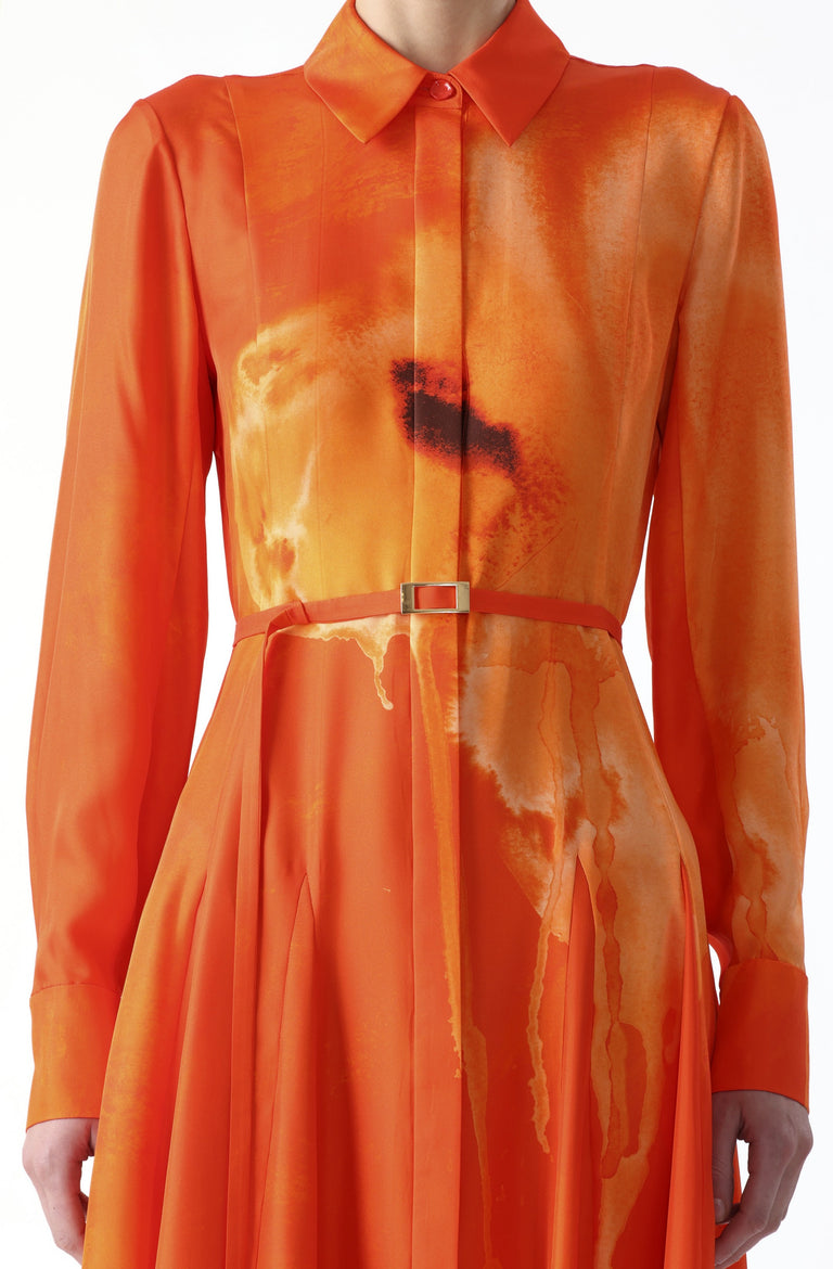 WATERCOLRO FLORAL PRINTED SILK SHIRTDRESS WITH GODET SKIRT view 5