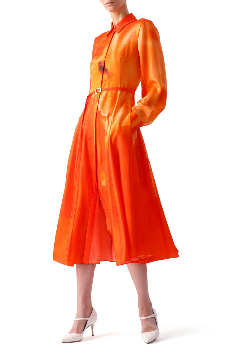 WATERCOLRO FLORAL PRINTED SILK SHIRTDRESS WITH GODET SKIRT view 1