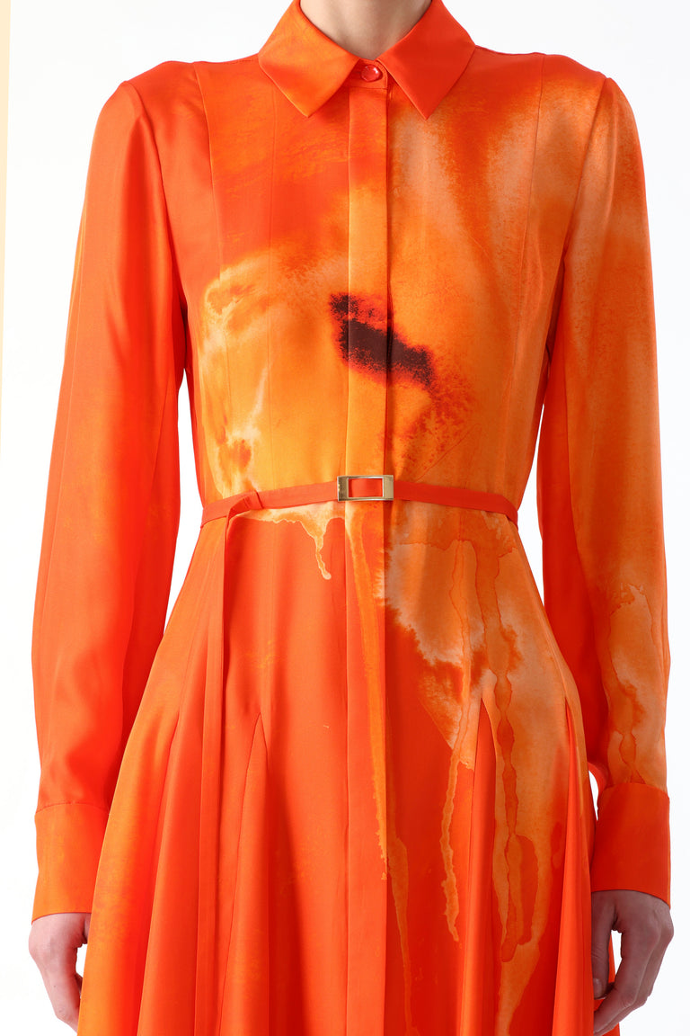 WATERCOLRO FLORAL PRINTED SILK SHIRTDRESS WITH GODET SKIRT view 4