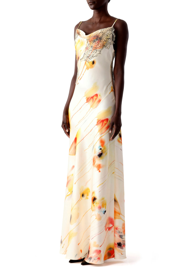 WATERCOLOR FLORAL BIAS SLIP GOWN WITH LACE view 2