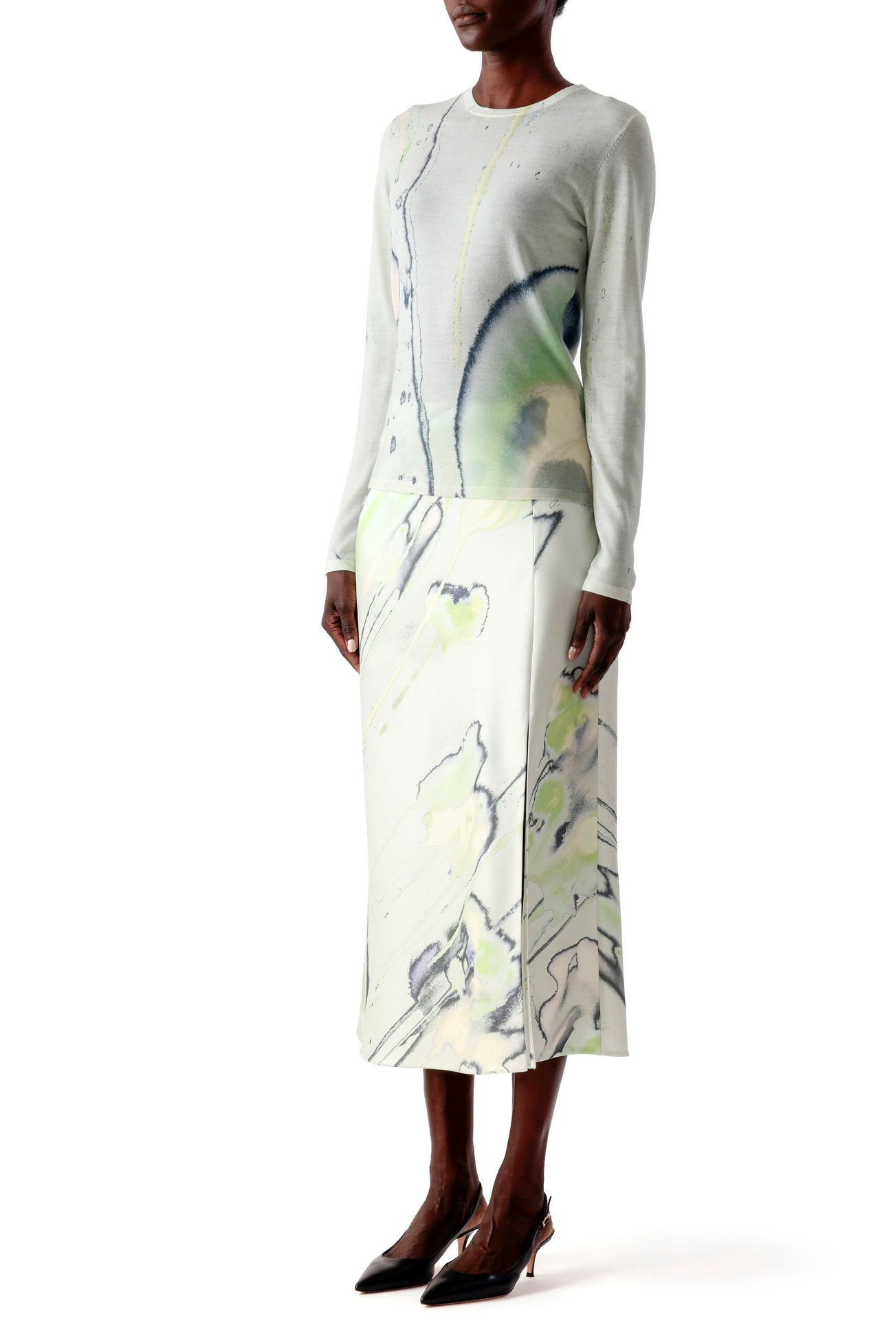CREPE SATIN WATERCOLOR FLORAL BIAS SLIP PENCIL SKIRT view 3