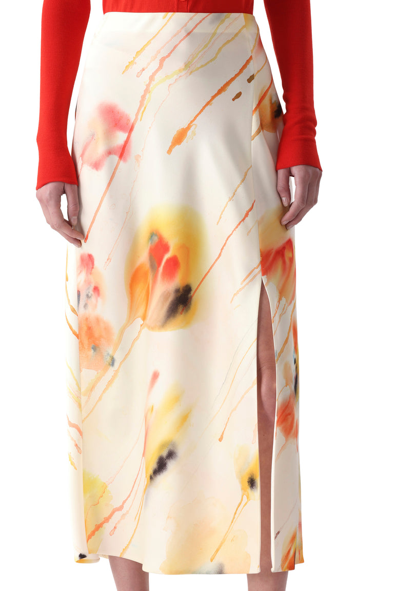 WASHED SATIN WATERCOLOR FLORAL BIAS SLIP PENCIL SKIRT view 2