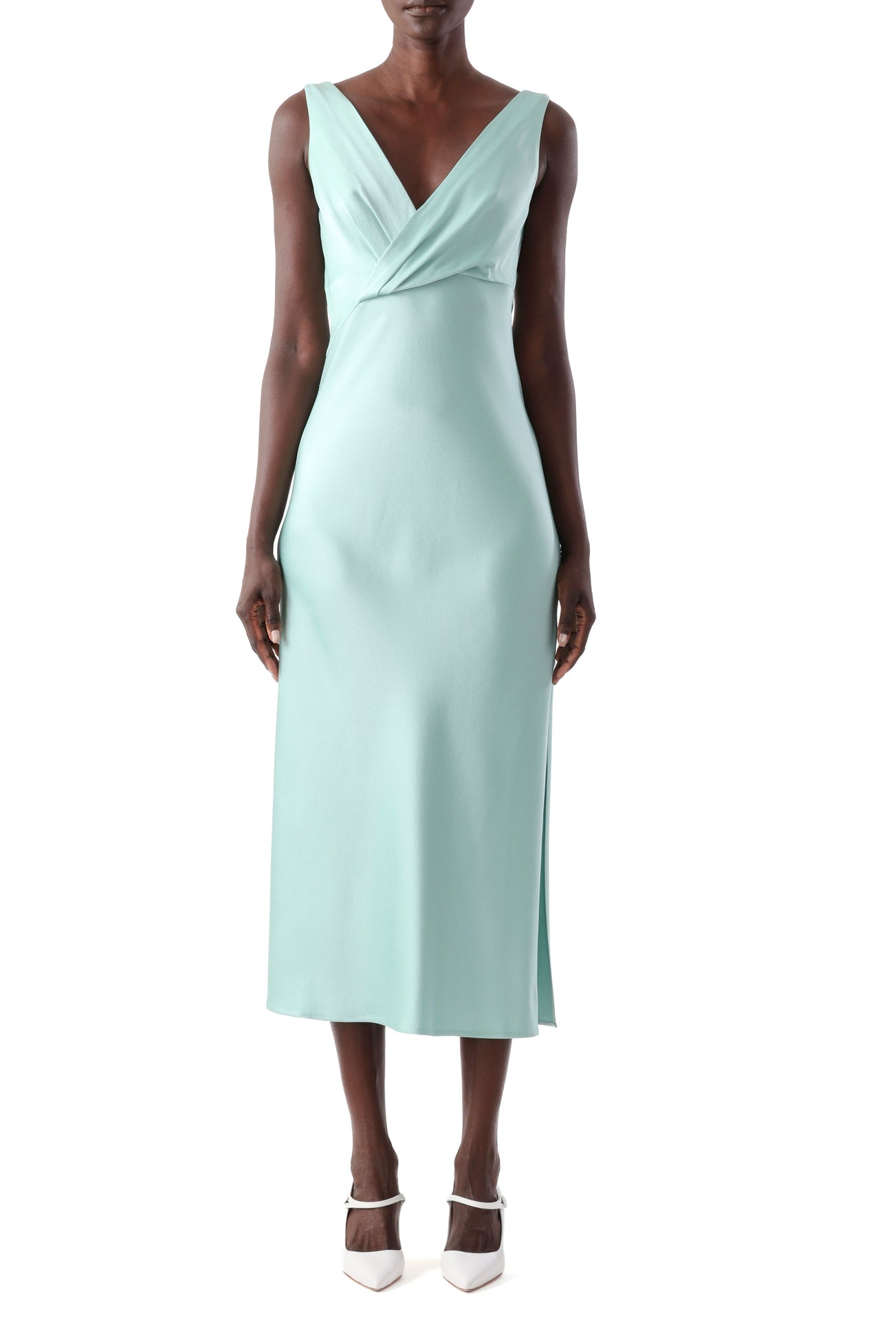 CREPE SATIN DRAPED V-NECK BIAS DRESS view 1