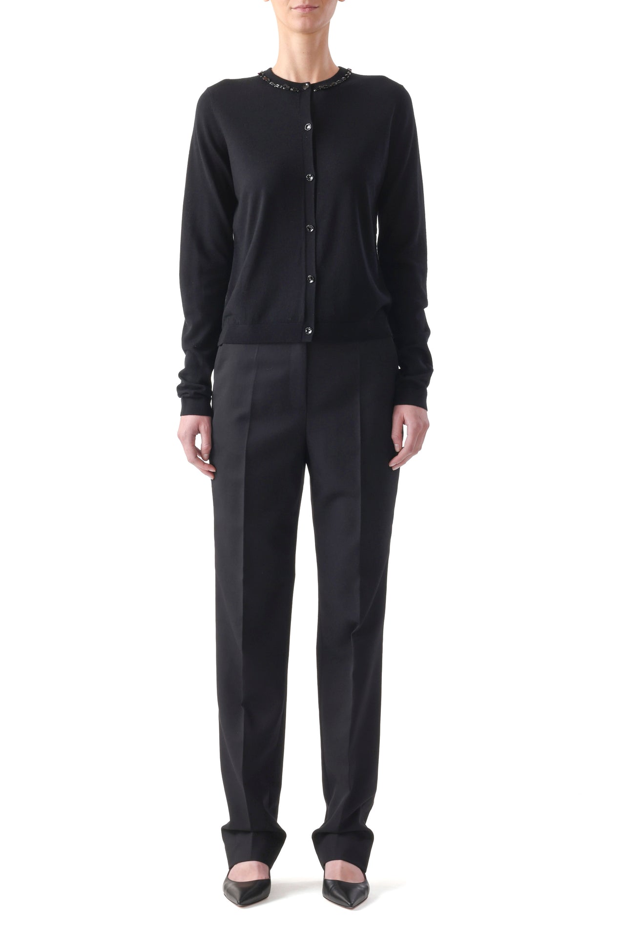 EMBROIDERED MERINO KNIT CARDIGAN WITH WASHED SATIN view 2