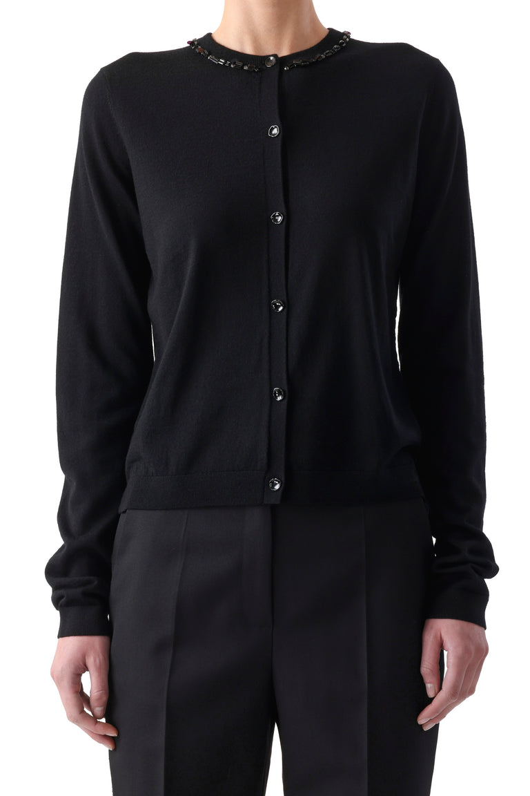 EMBROIDERED MERINO KNIT CARDIGAN WITH WASHED SATIN view 1