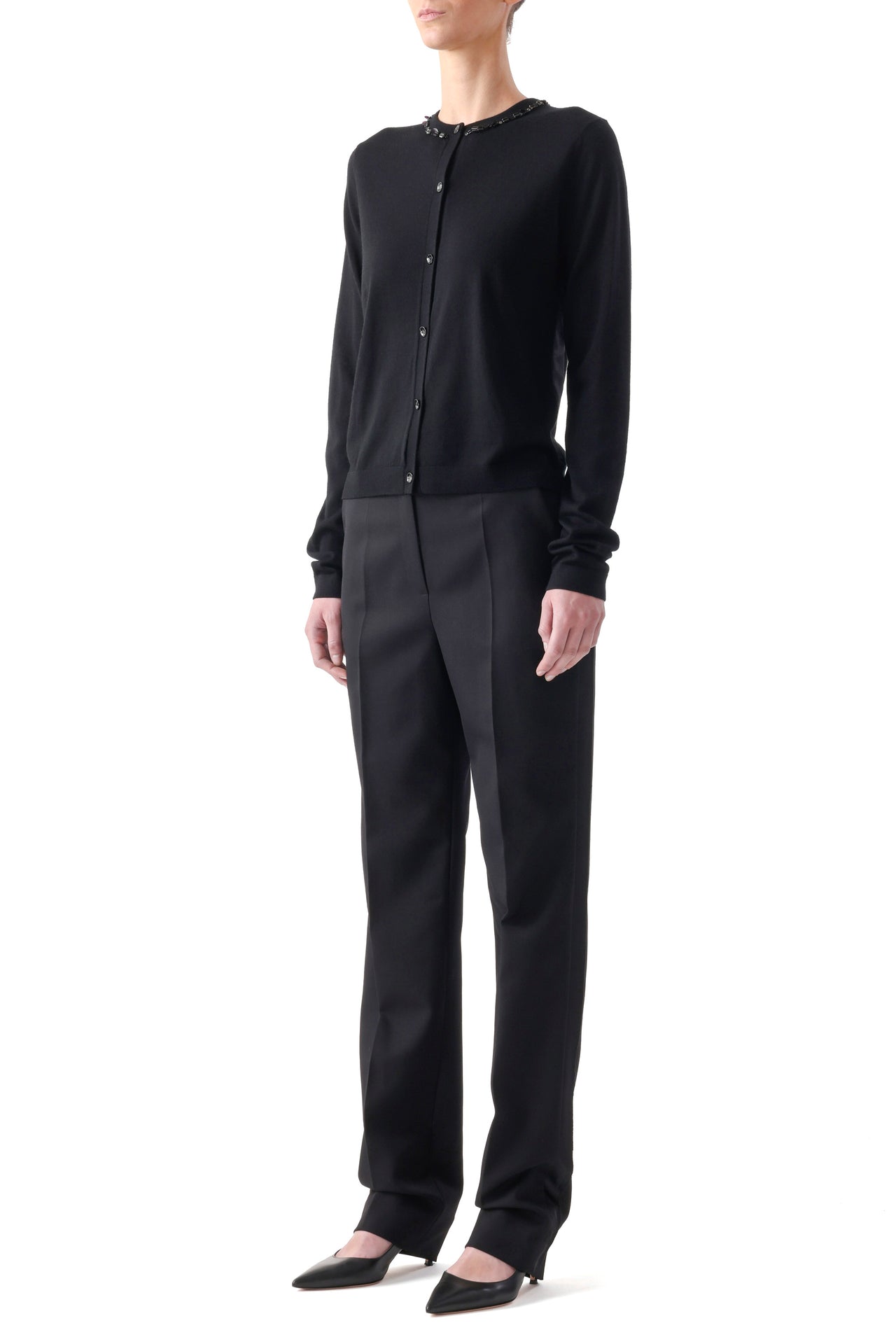 EMBROIDERED MERINO KNIT CARDIGAN WITH WASHED SATIN view 3