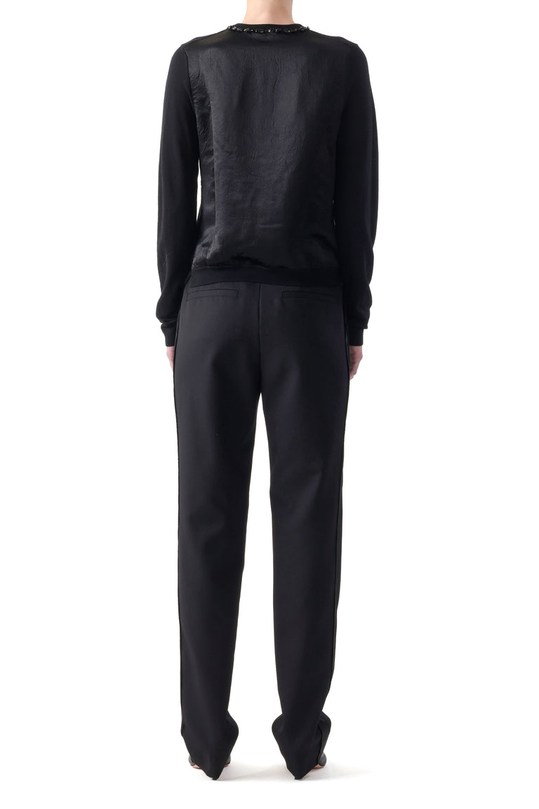 EMBROIDERED MERINO KNIT CARDIGAN WITH WASHED SATIN view 4