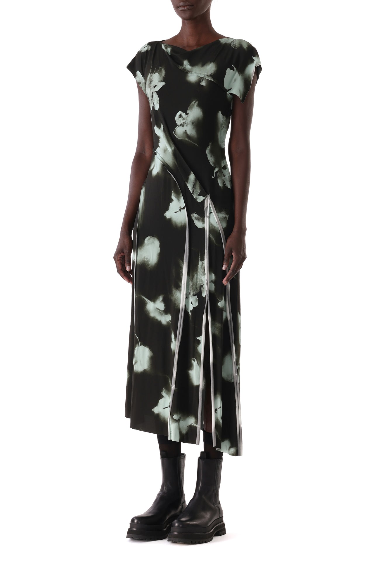 BLURRED FLORAL DRAPED JERSEY DRESS view 3