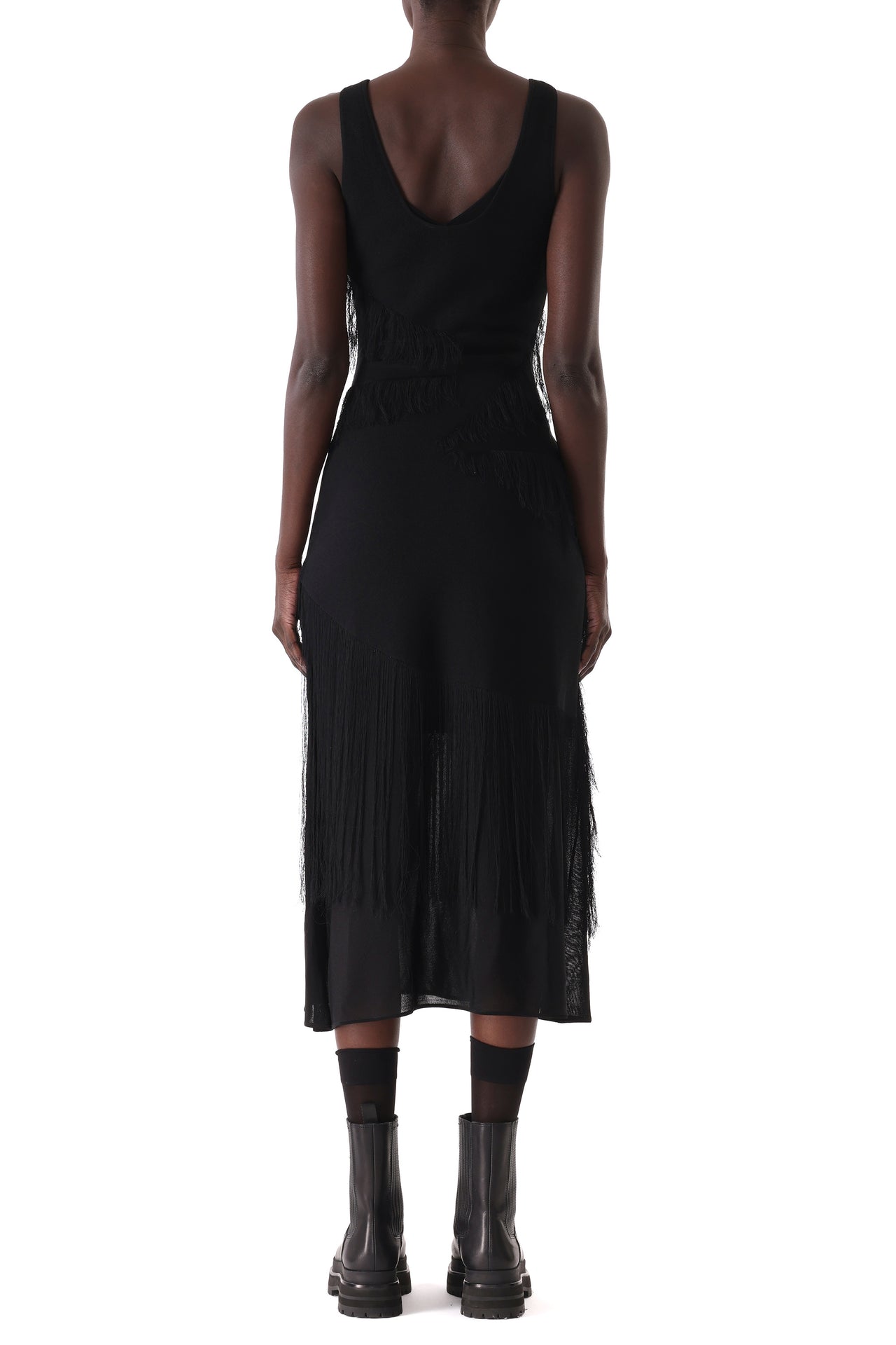 V-NECK FRINGE KNIT MIDI DRESS WITH SLIP view 7