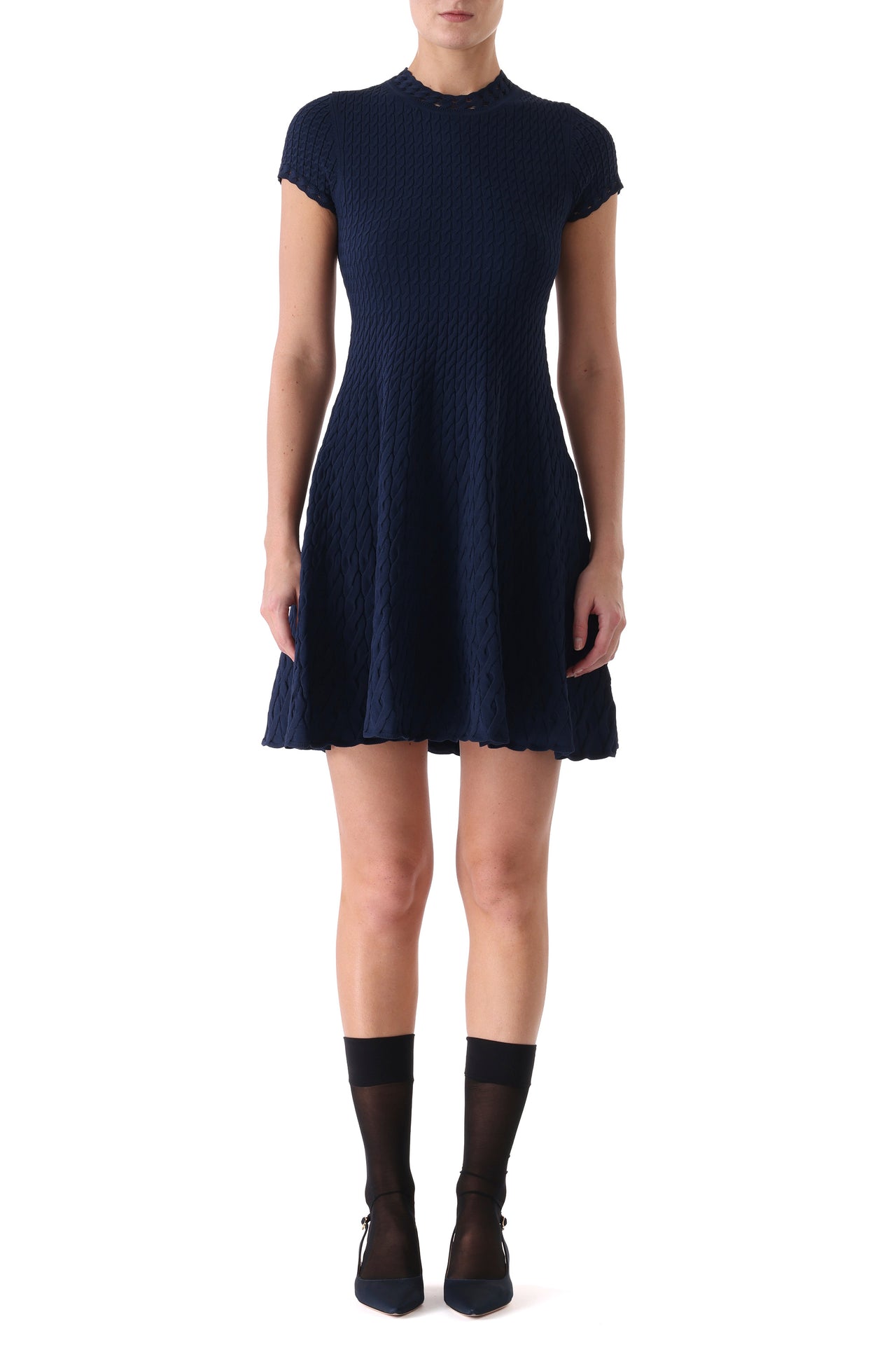 SHORT SLEEVE CABLE KNIT FIT AND FLARE DRESS view 1