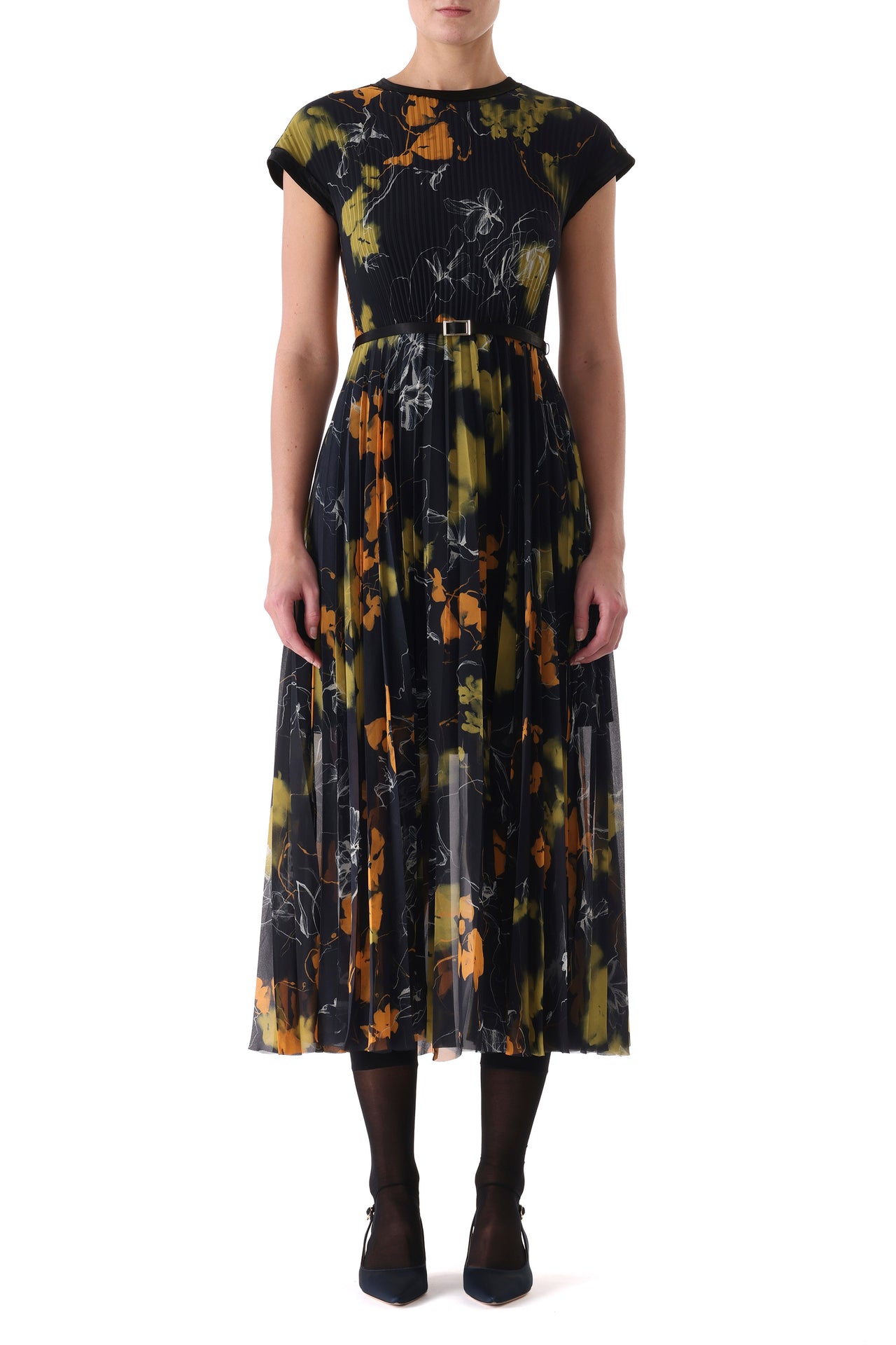SHADOW FLORAL CREPE CHIFFON PLEATED MIDI DRESS view 2