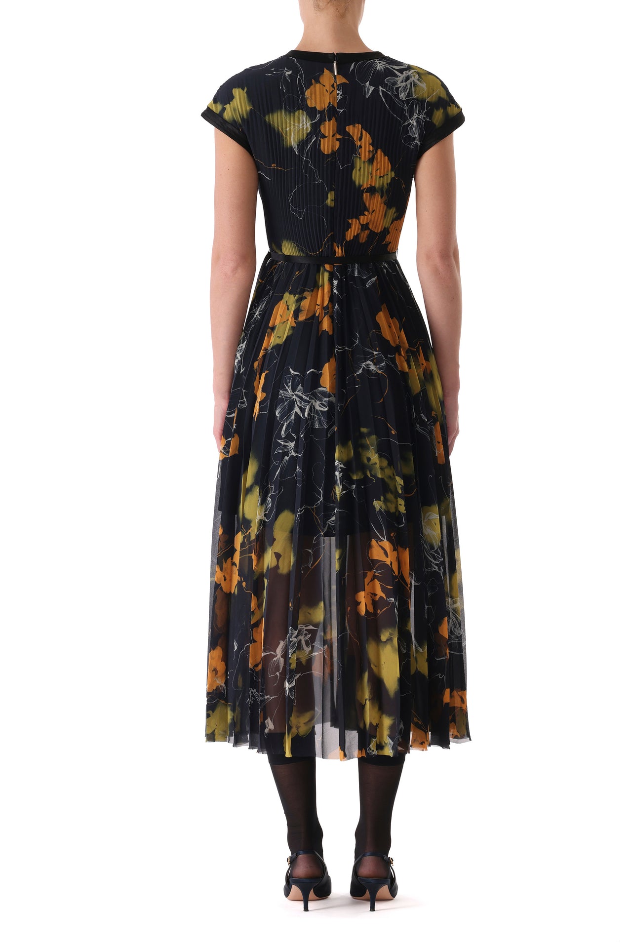 SHADOW FLORAL CREPE CHIFFON PLEATED MIDI DRESS view 4