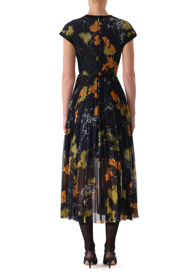 SHADOW FLORAL CREPE CHIFFON PLEATED MIDI DRESS view 4