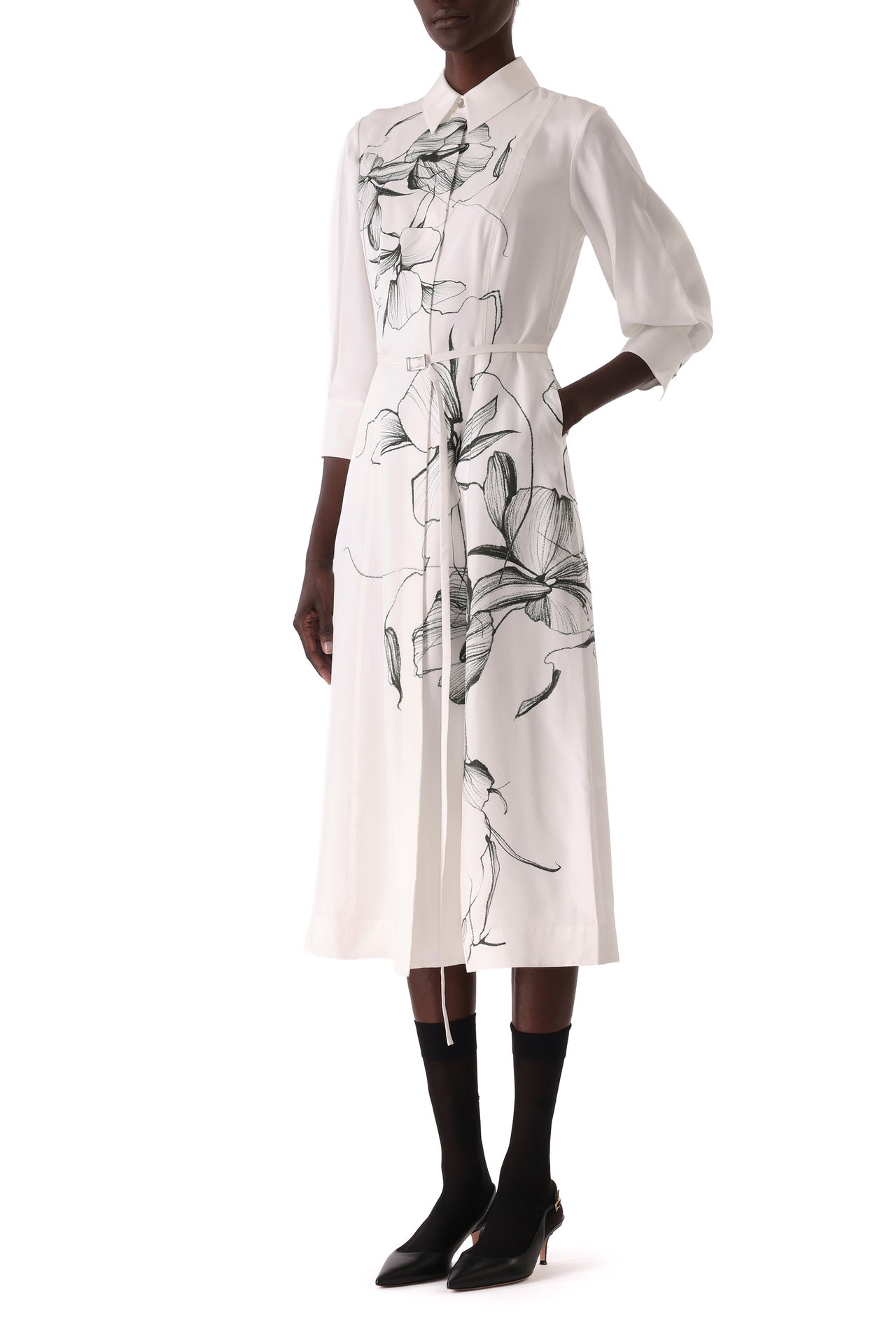 SHADOW FLORAL SILK TWILL SHIRT DRESS view 3