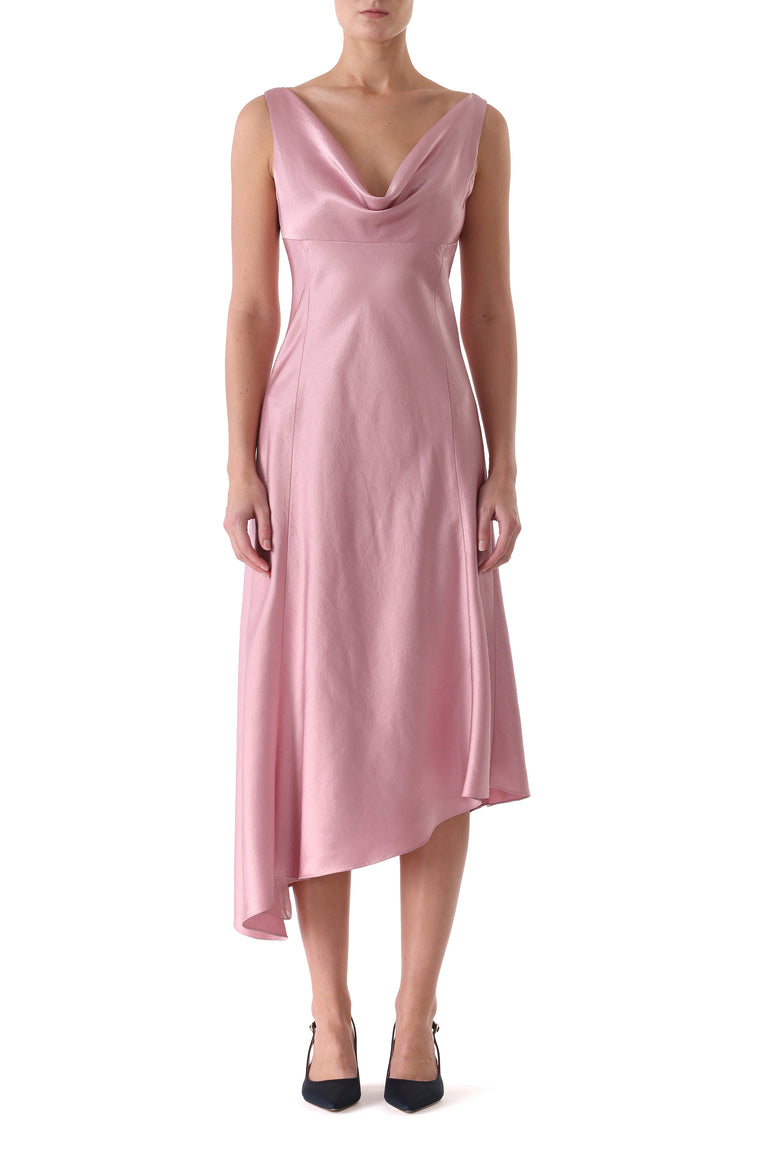 PLUNGING COWL WASHED TWILL BIAS FLARED MIDI DRESS view 1
