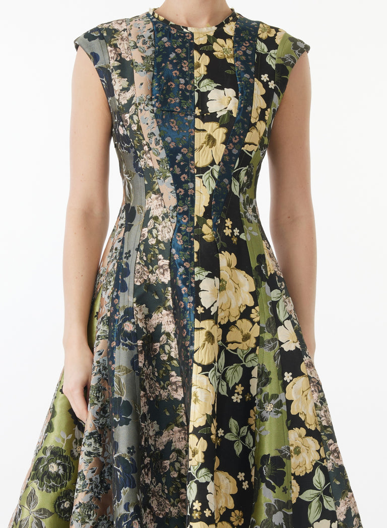 MIXED FLORAL JACQUARD PANELED MIDI DRESS view 5