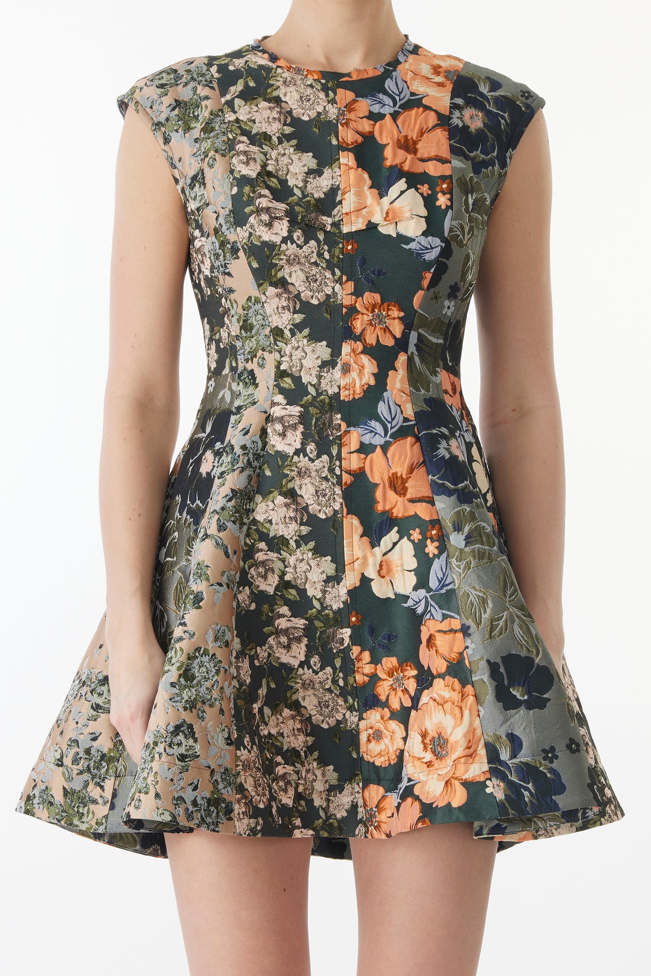 MIXED FLORAL JACQUARD PANELED MINI DRESS view 4