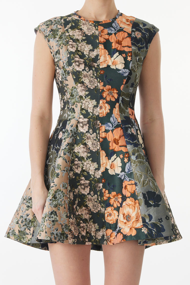 MIXED FLORAL JACQUARD PANELED MINI DRESS view 4