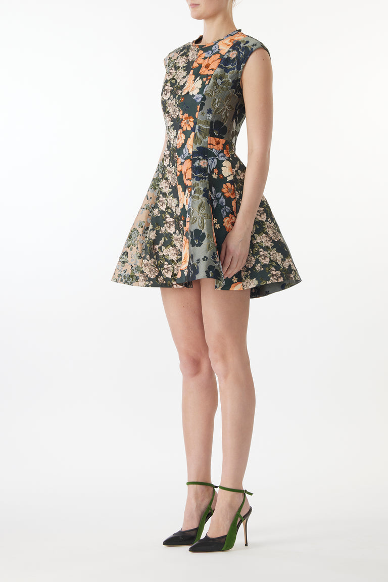 MIXED FLORAL JACQUARD PANELED MINI DRESS view 5