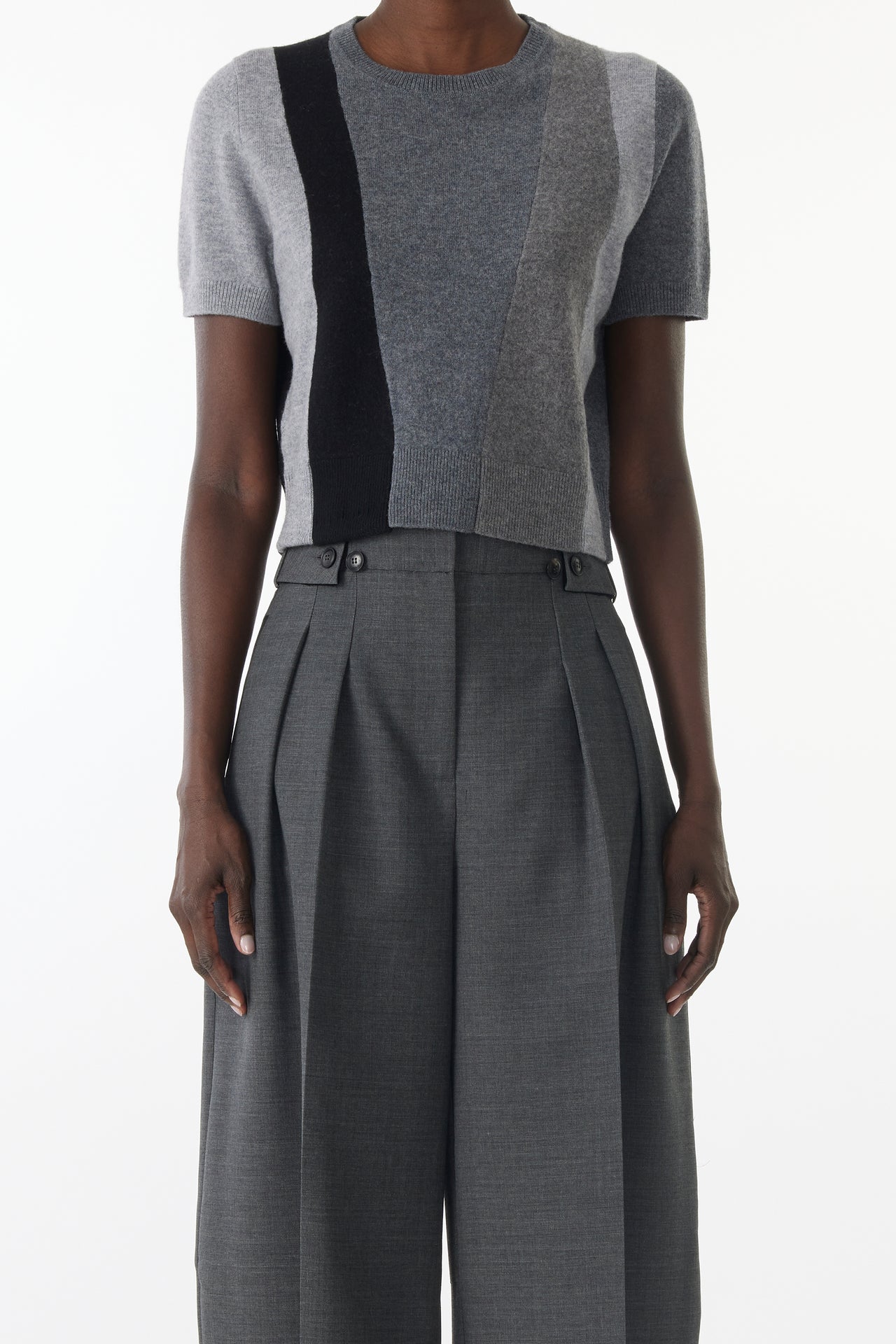 ASYMMETRICAL PANELLED SHORT SLEEVE WOOL SWEATER view 1