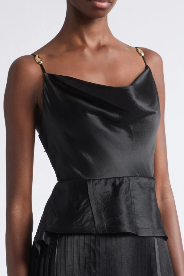 COWL NECK GOWN WITH KNIFE PLEATED SKIRT IN WASHED TWILL view 4