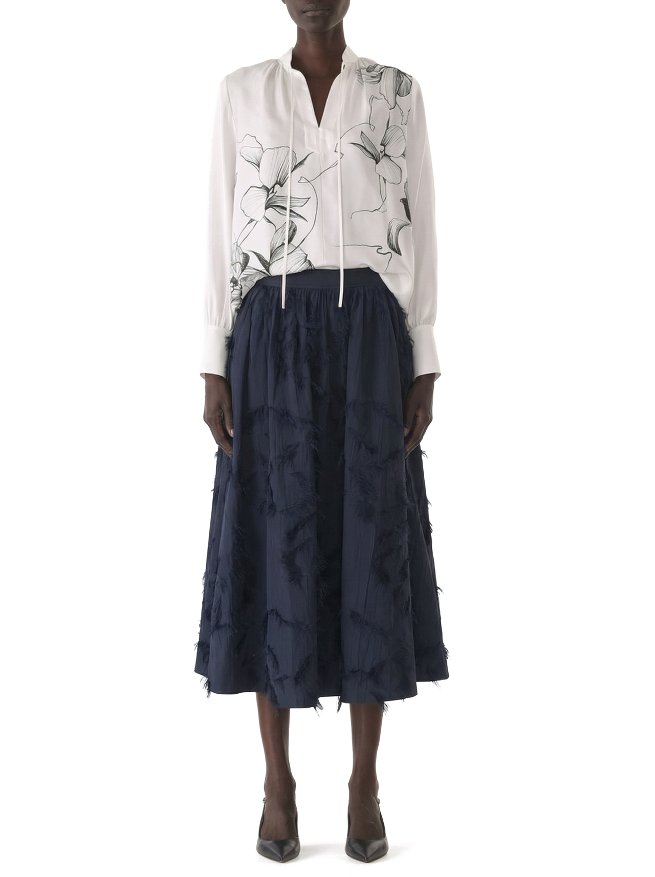 SHADOW FLORAL SILK TWILL TIE NECK BLOUSE view 3