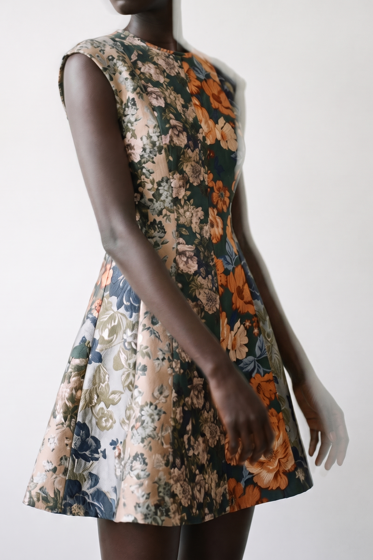 MIXED FLORAL JACQUARD PANELED MINI DRESS view 1